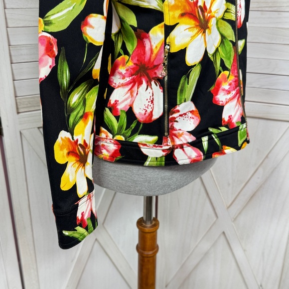 Vintage St. John Sport Tropical Flower Print Denim Jacket Black Yellow Small - Picture 5 of 11